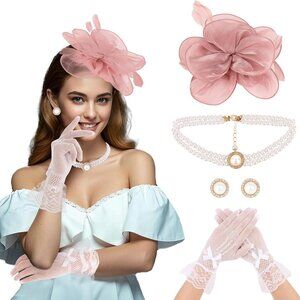 4PCS Womens Vintage Tea Party Hat Set Feather Lace Gloves Pearl Jewelry
